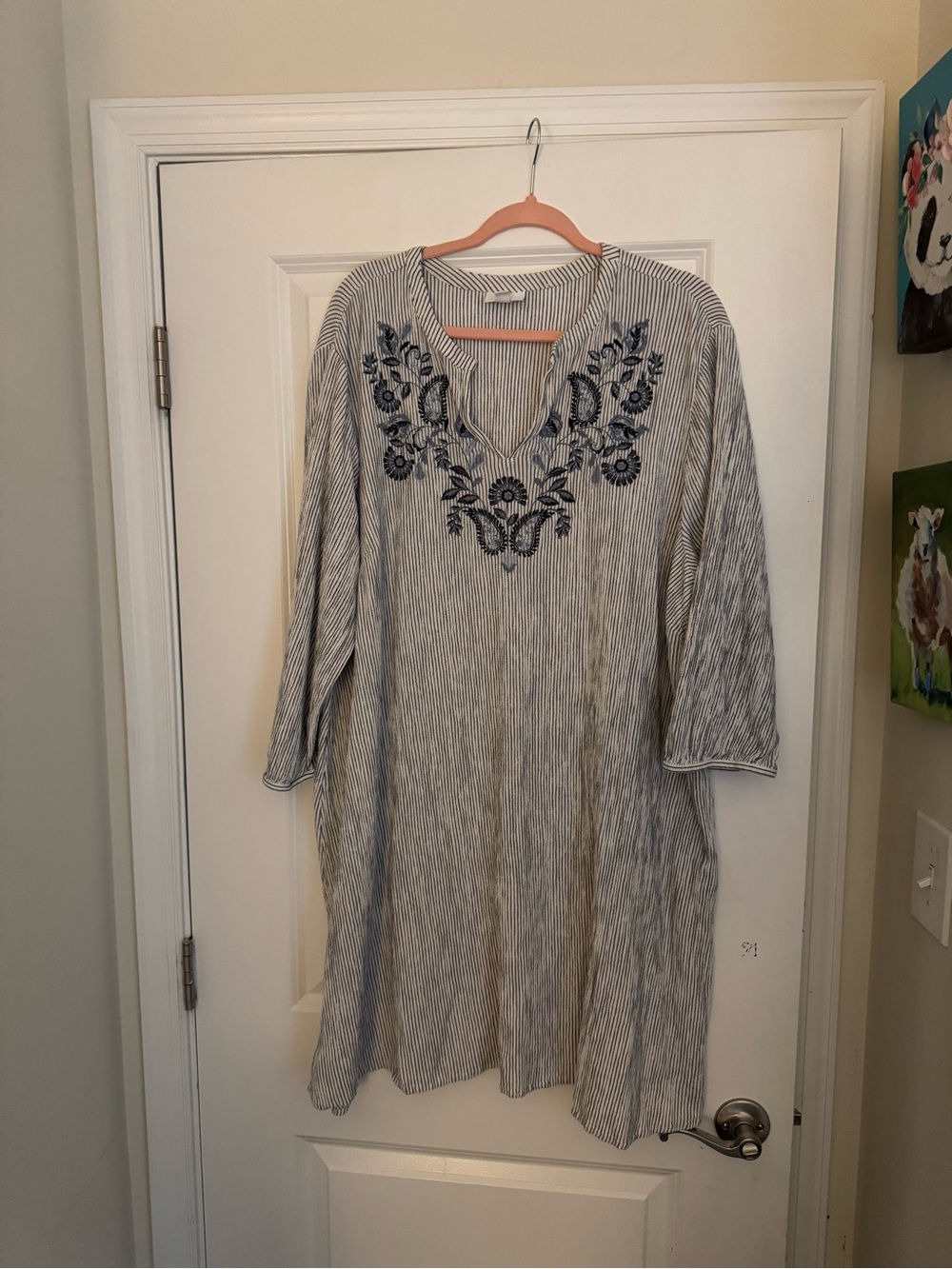 J. Jill Cream and Navy Striped Tunic with Navy Embroidery